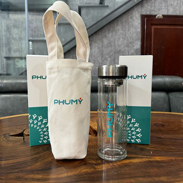 Bình nước thủy tinh + Túi vải canvas in logo