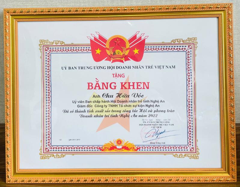 Đạt thành tích xuất sắc trong công tác Hội và phong trào Doanh nhân trẻ tỉnh Nghệ An năm 2022