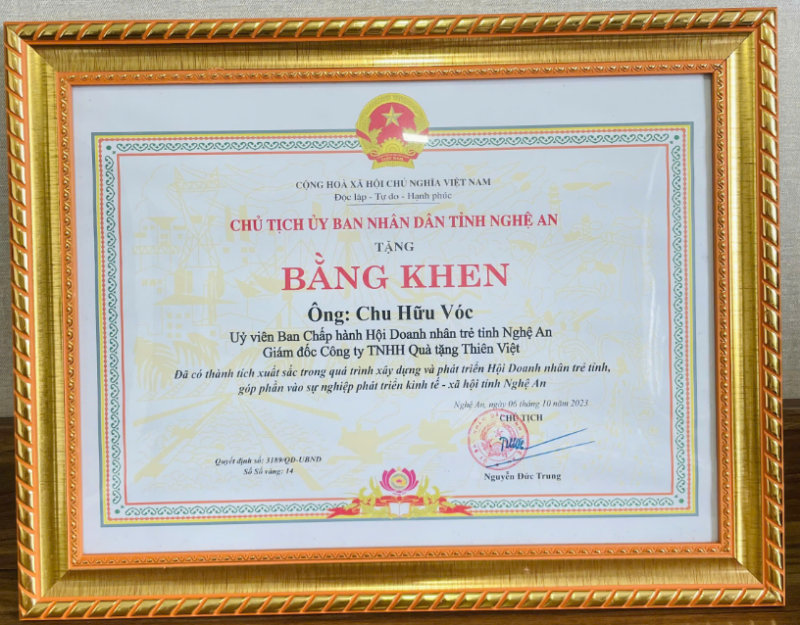 Đạt thành tích xuất sắc trong quá trình xây dựng và phát triển Hội Doanh nhân trẻ tỉnh, góp phần vào sự phát triển kinh tế - xã hội tỉnh Nghệ An 2023