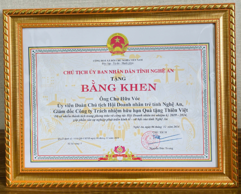 Đạt nhiều thành tích trong phong trào và công tác Hội Doanh nhân trẻ nhiệm kỳ 2019-2024, góp phần vào sự phát triển kinh tế - xã hội tỉnh Nghệ An 2024