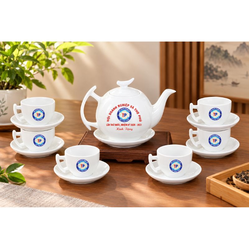 Có những loại ấm chén sứ in logo nào phổ biến